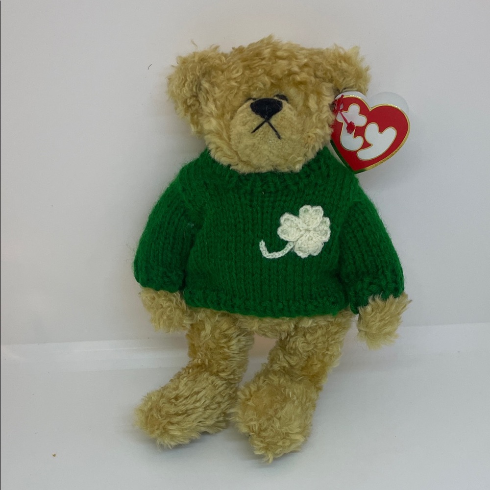 TY Tan Bear with Green Clover Sweater